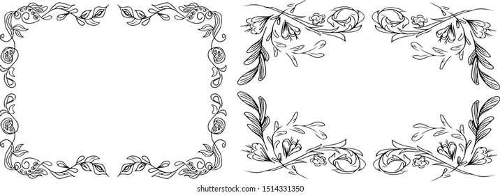 Tropical hand drawn floral frames. Outline set. Jungle foliage illustration. Floral set. Hand drawing. Vector isolated collection. Natural spring wedding card. Summer tropical leaf. Botanical frames