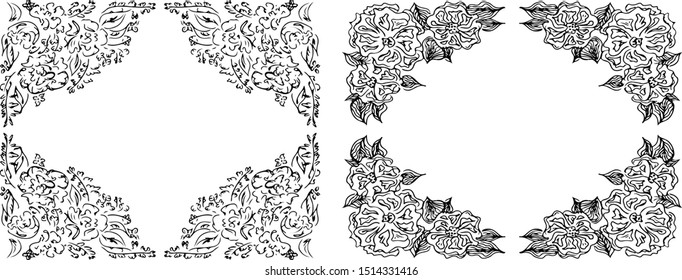 Tropical hand drawn floral frames. Outline set. Jungle foliage illustration. Floral set. Hand drawing. Vector isolated collection. Natural spring wedding card. Summer tropical leaf. Botanical frames
