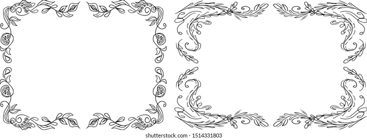 Tropical hand drawn floral frames. Outline set. Jungle foliage illustration. Floral set. Hand drawing. Vector isolated collection. Natural spring wedding card. Summer tropical leaf. Botanical frames