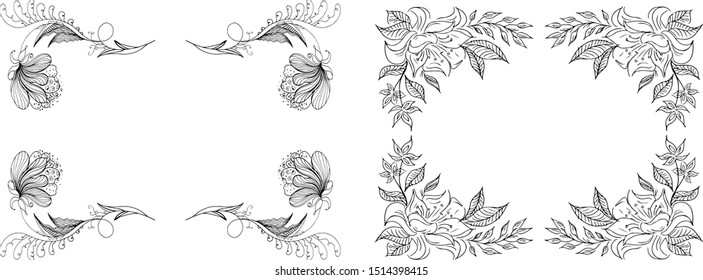 Tropical hand drawn floral frames. Outline set. Jungle foliage illustration. Floral set. Hand drawing. Vector isolated collection. Natural spring wedding card. Summer tropical leaf. Botanical frames