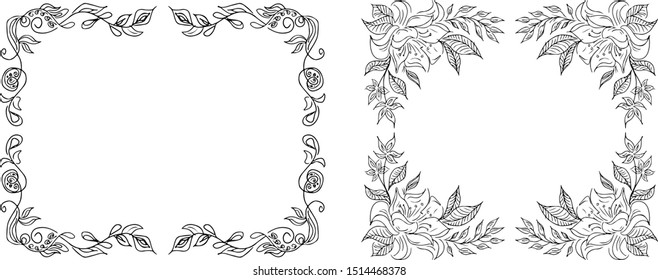 Tropical hand drawn floral frames. Outline set. Jungle foliage illustration. Floral set. Hand drawing. Vector isolated collection. Natural spring wedding card. Summer tropical leaf. Botanical frames