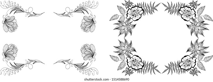 Tropical hand drawn floral frames. Outline set. Jungle foliage illustration. Floral set. Hand drawing. Vector isolated collection. Natural spring wedding card. Summer tropical leaf. Botanical frames