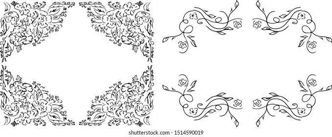 Tropical hand drawn floral frames. Outline set. Jungle foliage illustration. Floral set. Hand drawing. Vector isolated collection. Natural spring wedding card. Summer tropical leaf. Botanical frames