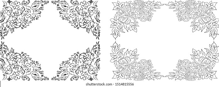 Tropical hand drawn floral frames. Outline set. Jungle foliage illustration. Floral set. Hand drawing. Vector isolated collection. Natural spring wedding card. Summer tropical leaf. Botanical frames