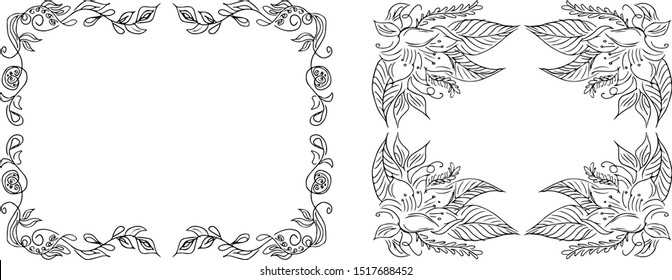 Tropical hand drawn floral frames. Outline set. Jungle foliage illustration. Floral set. Hand drawing. Vector isolated collection. Natural spring wedding card. Summer tropical leaf. Botanical frames