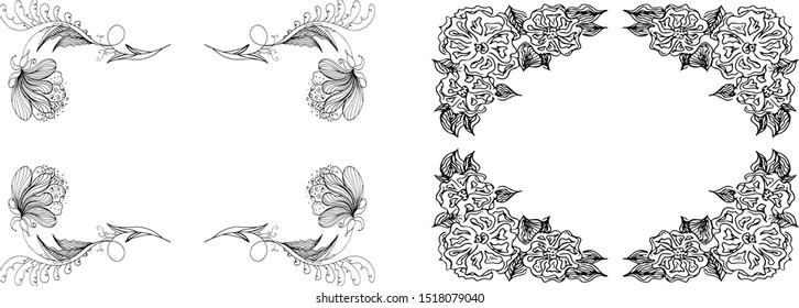 Tropical hand drawn floral frames. Outline set. Jungle foliage illustration. Floral set. Hand drawing. Vector isolated collection. Natural spring wedding card. Summer tropical leaf. Botanical frames