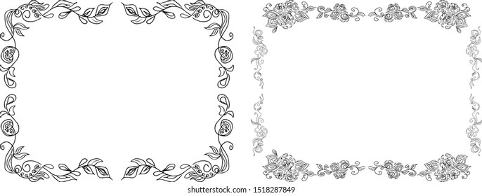 Tropical hand drawn floral frames. Outline set. Jungle foliage illustration. Floral set. Hand drawing. Vector isolated collection. Natural spring wedding card. Summer tropical leaf. Botanical frames
