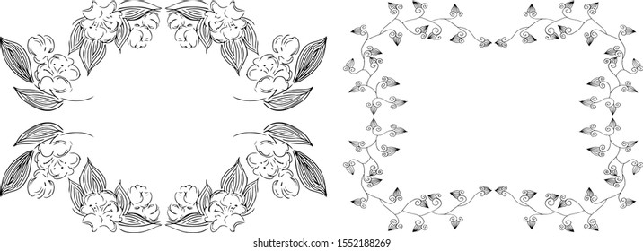 Tropical hand drawn floral frames. Outline set. Jungle foliage illustration. Floral set. Hand drawing. Vector isolated collection. Natural spring wedding card. Summer tropical leaf. Botanical frames