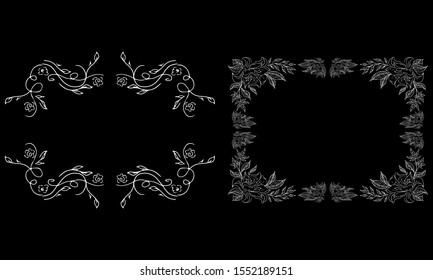 Tropical hand drawn floral frames. Outline set. Jungle foliage illustration. Floral set. Hand drawing. Vector isolated collection. Natural spring wedding card. Summer tropical leaf. Botanical frames