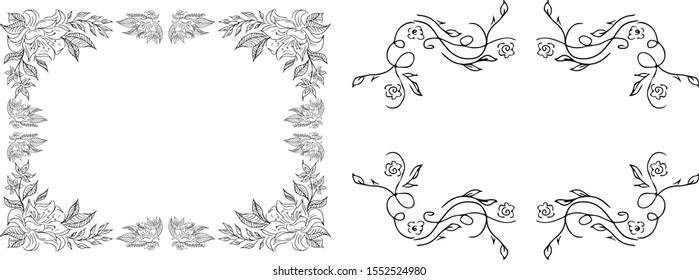 Tropical hand drawn floral frames. Outline set. Jungle foliage illustration. Floral set. Hand drawing. Vector isolated collection. Natural spring wedding card. Summer tropical leaf. Botanical frames