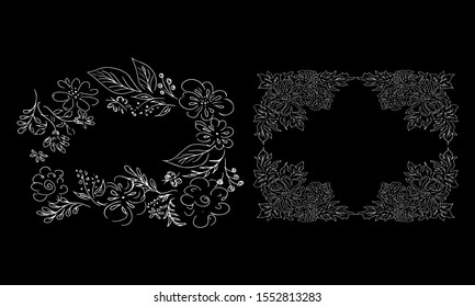 Tropical hand drawn floral frames. Outline set. Jungle foliage illustration. Floral set. Hand drawing. Vector isolated collection. Natural spring wedding card. Summer tropical leaf. Botanical frames