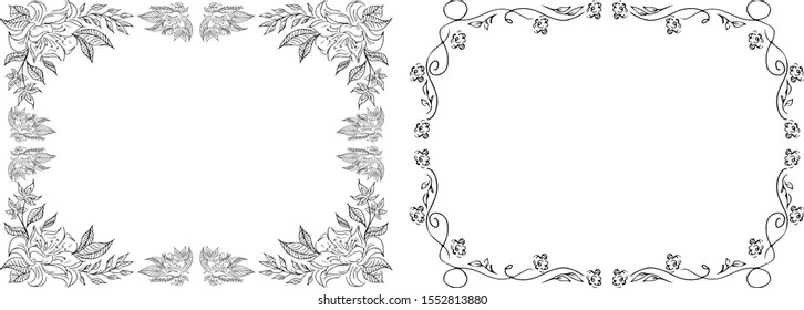 Tropical hand drawn floral frames. Outline set. Jungle foliage illustration. Floral set. Hand drawing. Vector isolated collection. Natural spring wedding card. Summer tropical leaf. Botanical frames