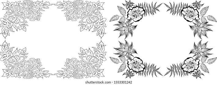 Tropical hand drawn floral frames. Outline set. Jungle foliage illustration. Floral set. Hand drawing. Vector isolated collection. Natural spring wedding card. Summer tropical leaf. Botanical frames