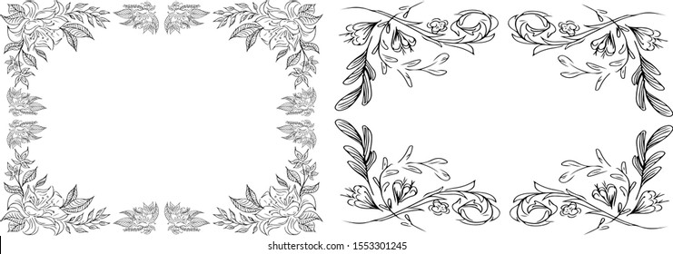 Tropical hand drawn floral frames. Outline set. Jungle foliage illustration. Floral set. Hand drawing. Vector isolated collection. Natural spring wedding card. Summer tropical leaf. Botanical frames