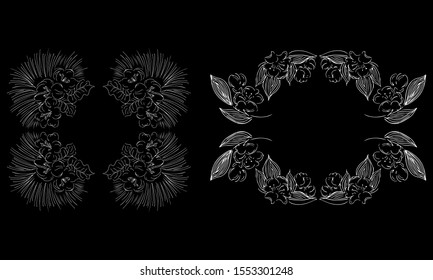 Tropical hand drawn floral frames. Outline set. Jungle foliage illustration. Floral set. Hand drawing. Vector isolated collection. Natural spring wedding card. Summer tropical leaf. Botanical frames