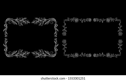 Tropical hand drawn floral frames. Outline set. Jungle foliage illustration. Floral set. Hand drawing. Vector isolated collection. Natural spring wedding card. Summer tropical leaf. Botanical frames