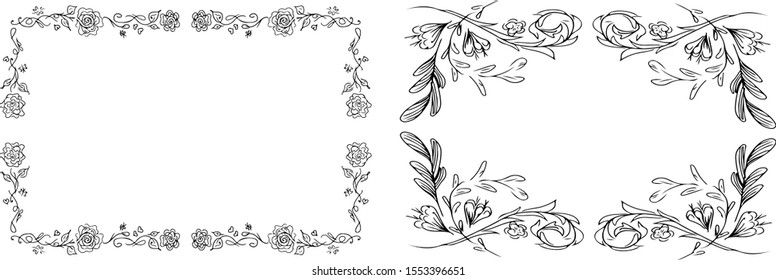 Tropical hand drawn floral frames. Outline set. Jungle foliage illustration. Floral set. Hand drawing. Vector isolated collection. Natural spring wedding card. Summer tropical leaf. Botanical frames