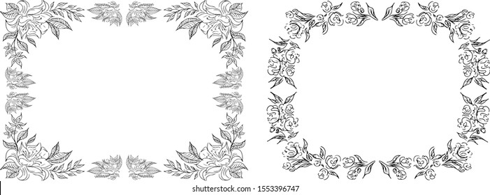 Tropical hand drawn floral frames. Outline set. Jungle foliage illustration. Floral set. Hand drawing. Vector isolated collection. Natural spring wedding card. Summer tropical leaf. Botanical frames