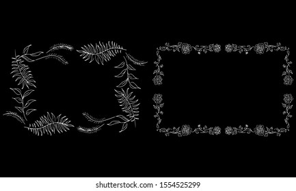 Tropical hand drawn floral frames. Outline set. Jungle foliage illustration. Floral set. Hand drawing. Vector isolated collection. Natural spring wedding card. Summer tropical leaf. Botanical frames