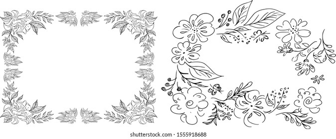 Tropical hand drawn floral frames. Outline set. Jungle foliage illustration. Floral set. Hand drawing. Vector isolated collection. Natural spring wedding card. Summer tropical leaf. Botanical frames