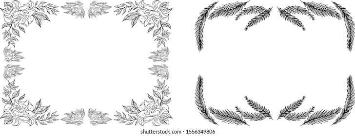 Tropical hand drawn floral frames. Outline set. Jungle foliage illustration. Floral set. Hand drawing. Vector isolated collection. Natural spring wedding card. Summer tropical leaf. Botanical frames