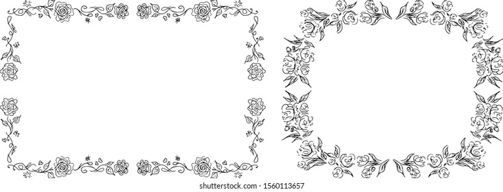 Tropical hand drawn floral frames. Outline set. Jungle foliage illustration. Floral set. Hand drawing. Vector isolated collection. Natural spring wedding card. Summer tropical leaf. Botanical frames