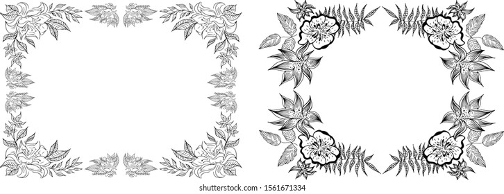 Tropical hand drawn floral frames. Outline set. Jungle foliage illustration. Floral set. Hand drawing. Vector isolated collection. Natural spring wedding card. Summer tropical leaf. Botanical frames
