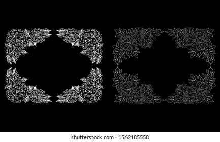 Tropical hand drawn floral frames. Outline set. Jungle foliage illustration. Floral set. Hand drawing. Vector isolated collection. Natural spring wedding card. Summer tropical leaf. Botanical frames