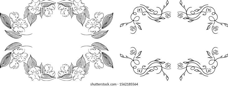 Tropical hand drawn floral frames. Outline set. Jungle foliage illustration. Floral set. Hand drawing. Vector isolated collection. Natural spring wedding card. Summer tropical leaf. Botanical frames