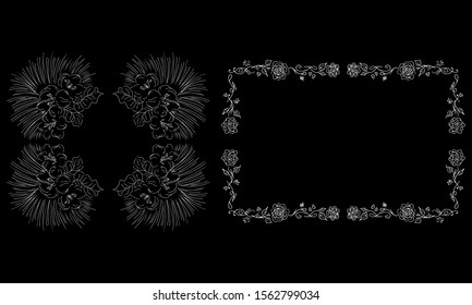 Tropical hand drawn floral frames. Outline set. Jungle foliage illustration. Floral set. Hand drawing. Vector isolated collection. Natural spring wedding card. Summer tropical leaf. Botanical frames