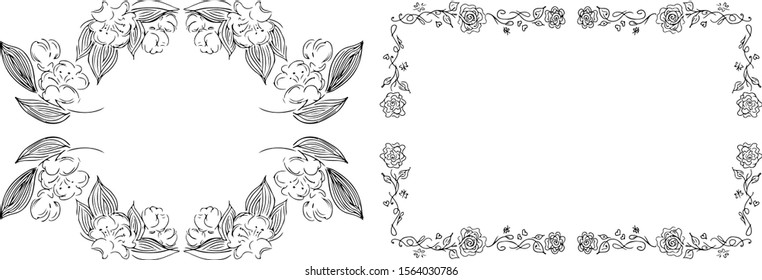 Tropical hand drawn floral frames. Outline set. Jungle foliage illustration. Floral set. Hand drawing. Vector isolated collection. Natural spring wedding card. Summer tropical leaf. Botanical frames