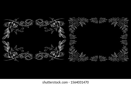 Tropical hand drawn floral frames. Outline set. Jungle foliage illustration. Floral set. Hand drawing. Vector isolated collection. Natural spring wedding card. Summer tropical leaf. Botanical frames