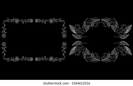 Tropical hand drawn floral frames. Outline set. Jungle foliage illustration. Floral set. Hand drawing. Vector isolated collection. Natural spring wedding card. Summer tropical leaf. Botanical frames