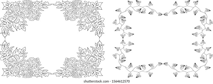 Tropical hand drawn floral frames. Outline set. Jungle foliage illustration. Floral set. Hand drawing. Vector isolated collection. Natural spring wedding card. Summer tropical leaf. Botanical frames