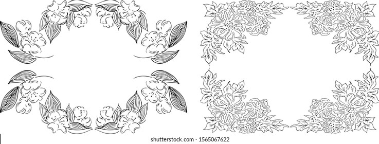 Tropical hand drawn floral frames. Outline set. Jungle foliage illustration. Floral set. Hand drawing. Vector isolated collection. Natural spring wedding card. Summer tropical leaf. Botanical frames