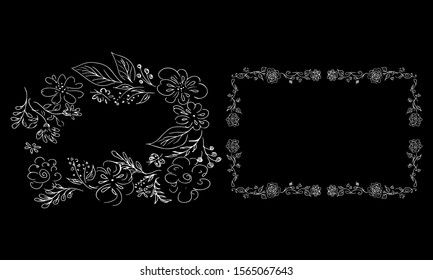 Tropical hand drawn floral frames. Outline set. Jungle foliage illustration. Floral set. Hand drawing. Vector isolated collection. Natural spring wedding card. Summer tropical leaf. Botanical frames