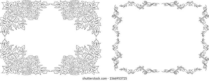 Tropical hand drawn floral frames. Outline set. Jungle foliage illustration. Floral set. Hand drawing. Vector isolated collection. Natural spring wedding card. Summer tropical leaf. Botanical frames