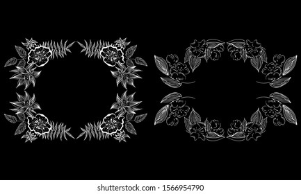 Tropical hand drawn floral frames. Outline set. Jungle foliage illustration. Floral set. Hand drawing. Vector isolated collection. Natural spring wedding card. Summer tropical leaf. Botanical frames
