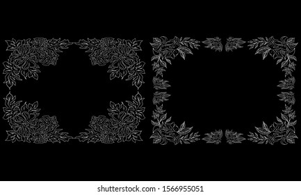 Tropical hand drawn floral frames. Outline set. Jungle foliage illustration. Floral set. Hand drawing. Vector isolated collection. Natural spring wedding card. Summer tropical leaf. Botanical frames