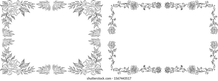 Tropical hand drawn floral frames. Outline set. Jungle foliage illustration. Floral set. Hand drawing. Vector isolated collection. Natural spring wedding card. Summer tropical leaf. Botanical frames