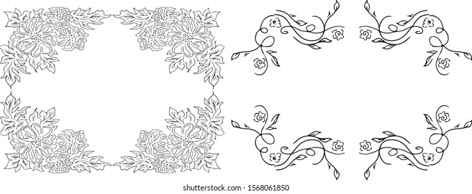 Tropical hand drawn floral frames. Outline set. Jungle foliage illustration. Floral set. Hand drawing. Vector isolated collection. Natural spring wedding card. Summer tropical leaf. Botanical frames
