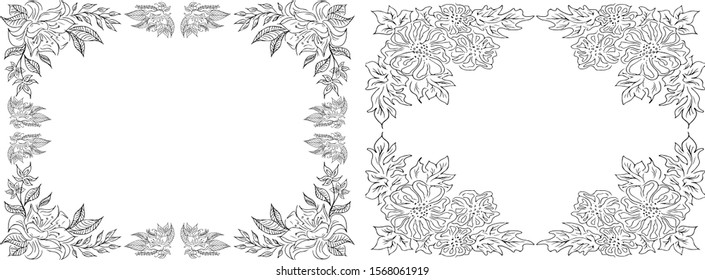 Tropical hand drawn floral frames. Outline set. Jungle foliage illustration. Floral set. Hand drawing. Vector isolated collection. Natural spring wedding card. Summer tropical leaf. Botanical frames
