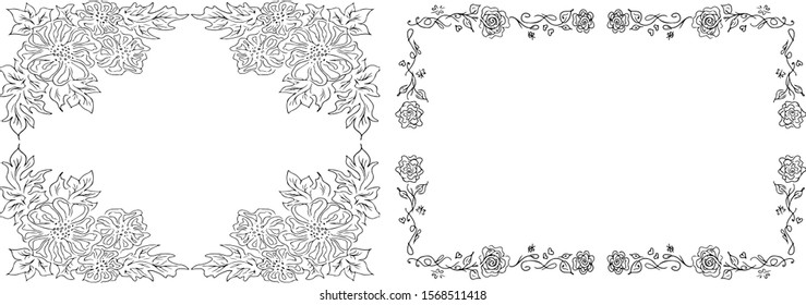 Tropical hand drawn floral frames. Outline set. Jungle foliage illustration. Floral set. Hand drawing. Vector isolated collection. Natural spring wedding card. Summer tropical leaf. Botanical frames
