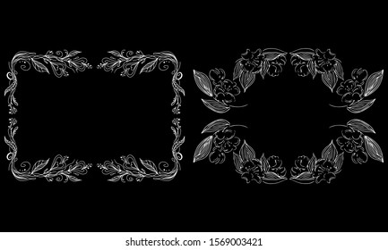 Tropical hand drawn floral frames. Outline set. Jungle foliage illustration. Floral set. Hand drawing. Vector isolated collection. Natural spring wedding card. Summer tropical leaf. Botanical frames