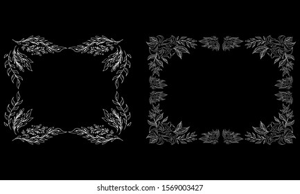Tropical hand drawn floral frames. Outline set. Jungle foliage illustration. Floral set. Hand drawing. Vector isolated collection. Natural spring wedding card. Summer tropical leaf. Botanical frames