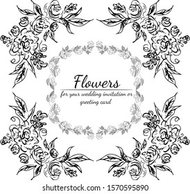 Tropical hand drawn floral frames. Outline set. Jungle foliage illustration. Floral set. Hand drawing. Vector isolated collection. Natural spring wedding card. Summer tropical leaf. Botanical frames