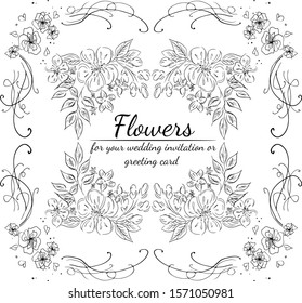 Tropical hand drawn floral frames. Outline set. Jungle foliage illustration. Floral set. Hand drawing. Vector isolated collection. Natural spring wedding card. Summer tropical leaf. Botanical frames