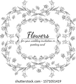 Tropical hand drawn floral frames. Outline set. Jungle foliage illustration. Floral set. Hand drawing. Vector isolated collection. Natural spring wedding card. Summer tropical leaf. Botanical frames