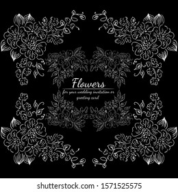 Tropical hand drawn floral frames. Outline set. Jungle foliage illustration. Floral set. Hand drawing. Vector isolated collection. Natural spring wedding card. Summer tropical leaf. Botanical frames