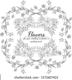 Tropical hand drawn floral frames. Outline set. Jungle foliage illustration. Floral set. Hand drawing. Vector isolated collection. Natural spring wedding card. Summer tropical leaf. Botanical frames